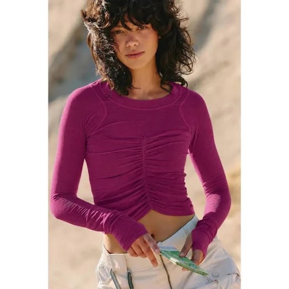 FP Movement Deep Mulberry Tempo Ruched Ribbed UV Protection Long Sleeve